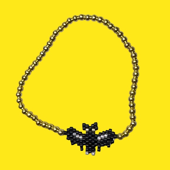 Handcrafted Black and Gold Beaded Bat Stretch Bracelet - Picture 2 of 5